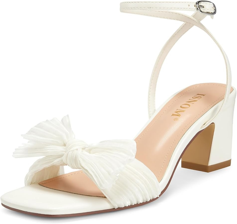 ISNOM Women's Bow Knot Heeled Sandals Ankle Buckle Strap Open Toe Block Chunky Heels Bride Weddin... | Amazon (US)