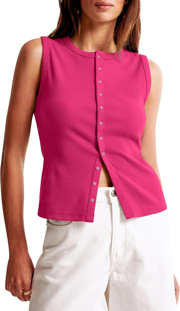 Cioatin Women Ribbed Button Down Tank Tops Sleeveless Crew Neck Slim Fit Open Front Crop Vest Goi... | Amazon (US)