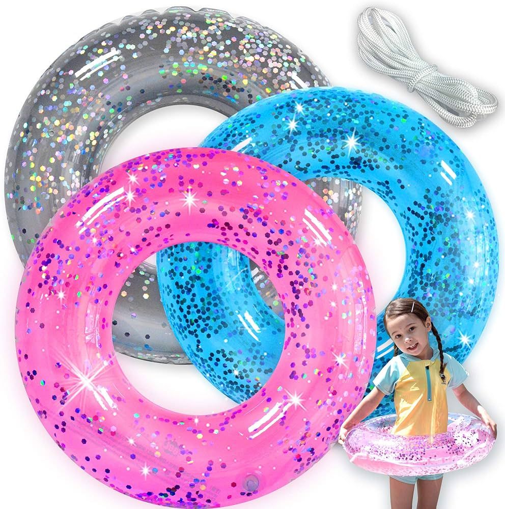 Pool Floats Kids 3 Pack Pool Floats Toys for Kids Summer Fun Inflatable Glitter Swim Tubes Rings ... | Amazon (US)