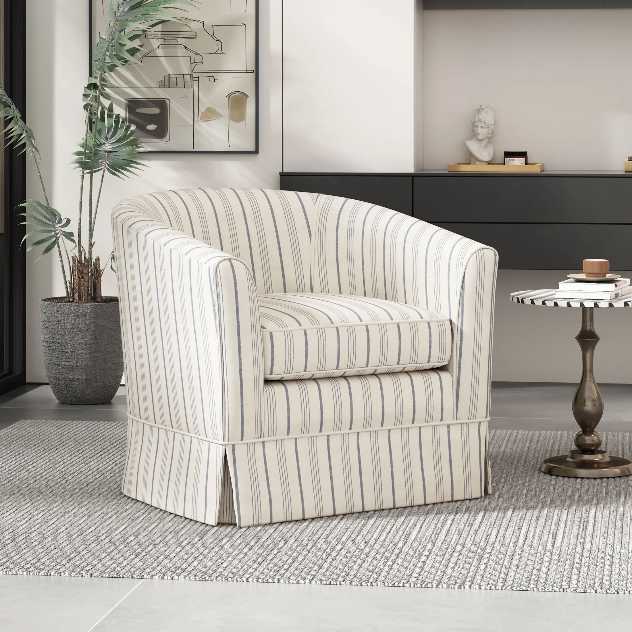 Noble House Glouster Modern Swivel Club Chair, White/Blue Stripe | Walmart (US)