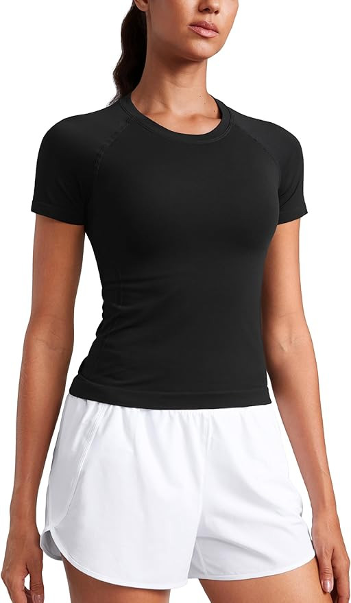 CRZ YOGA Seamless Workout Tops for Women Waist Length - Running Gym Athletic Yoga Short Sleeve Sh... | Amazon (US)