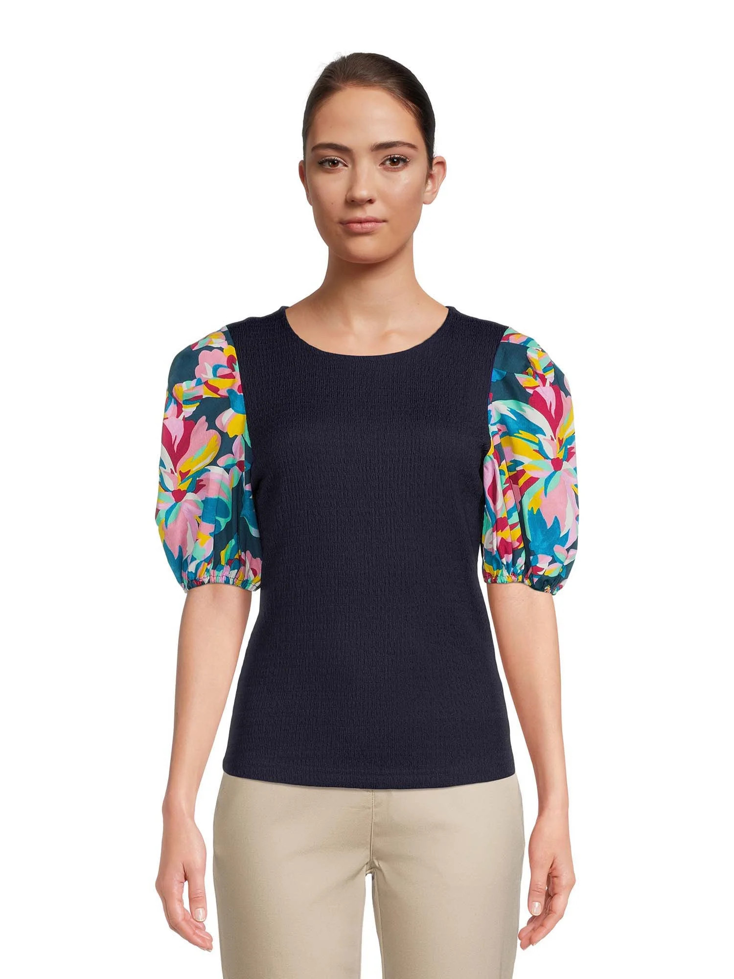 The Get Women’s Mixed-Media Top with Puff Sleeves | Walmart (US)
