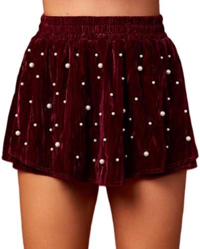 Women’s Velvet Short Skirt Holiday Elastic High Waist Pearl Studded Skort with Shorts Christmas... | Amazon (US)
