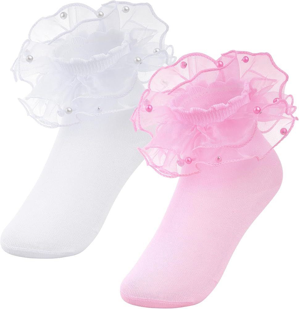 Pistha 2 Pack Girls Ruffle Lace Socks Novelty Pearls Frilly Dress Fancy Ruffled Socks for Toddler... | Amazon (US)