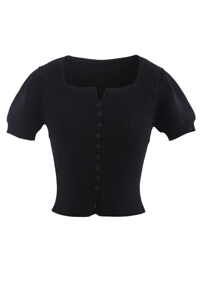 Short Sleeves Button Down Fitted Knit Top in Black | Chicwish