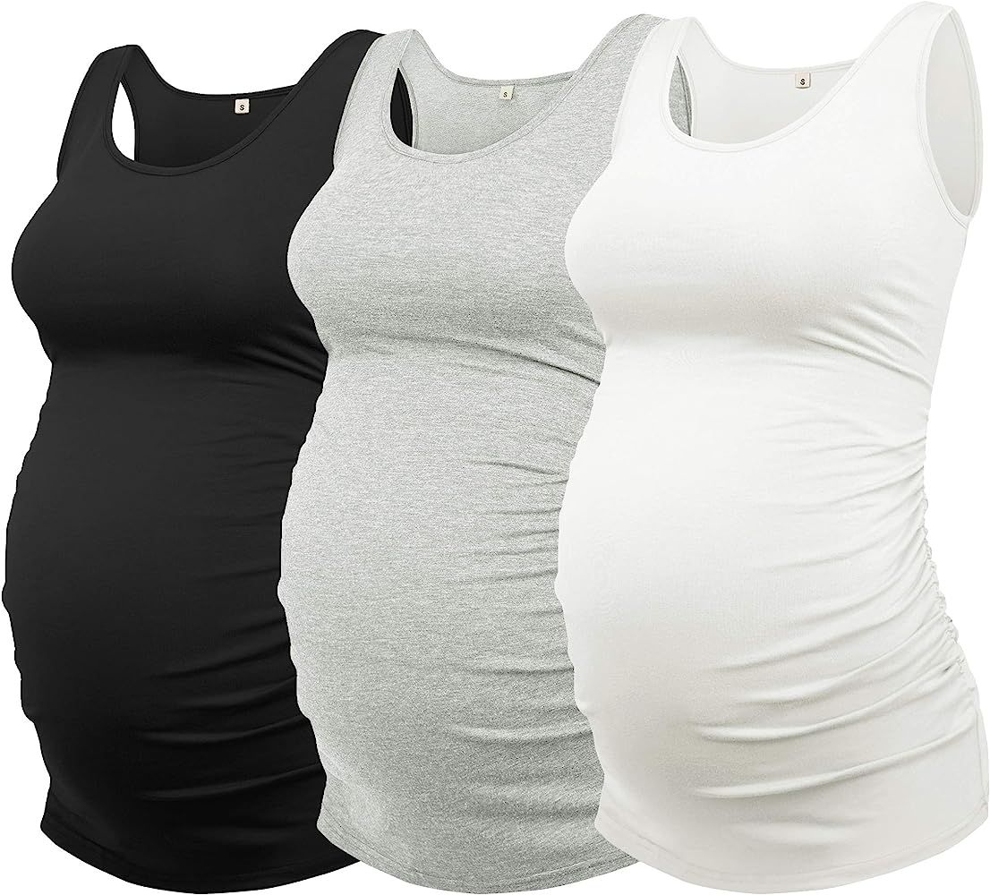 AMPOSH Women's Maternity Tank Top 3 Pack Ruched Side Sleeveless Pregnancy Basic Shirt | Amazon (US)