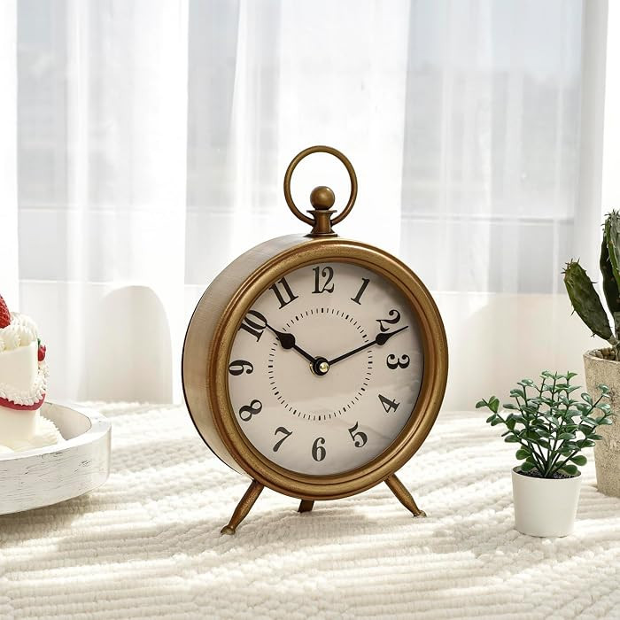 EMAX HOME Vintage Table Clock on Stand, Decorative Desk and Shelf Clock Rustic Mantel Clock Non-Ticking, Metal Frame with Antique Gold Finish | Amazon (US)