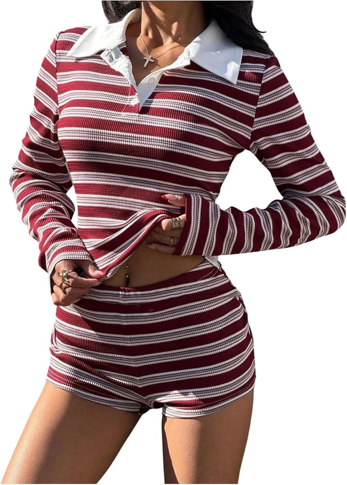 MakeMeChic Women's 2 Piece Summer Outfits Striped Long Sleeve Collared Shirts and Micro Mini Shor... | Amazon (US)