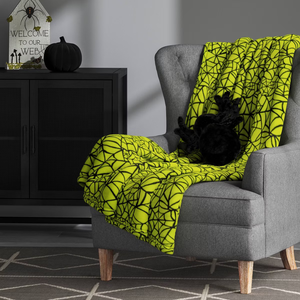Web Printed Plush Halloween Throw Blanket Green: Lightweight, Knitted, Recycled Polyester - Hyde ... | Target