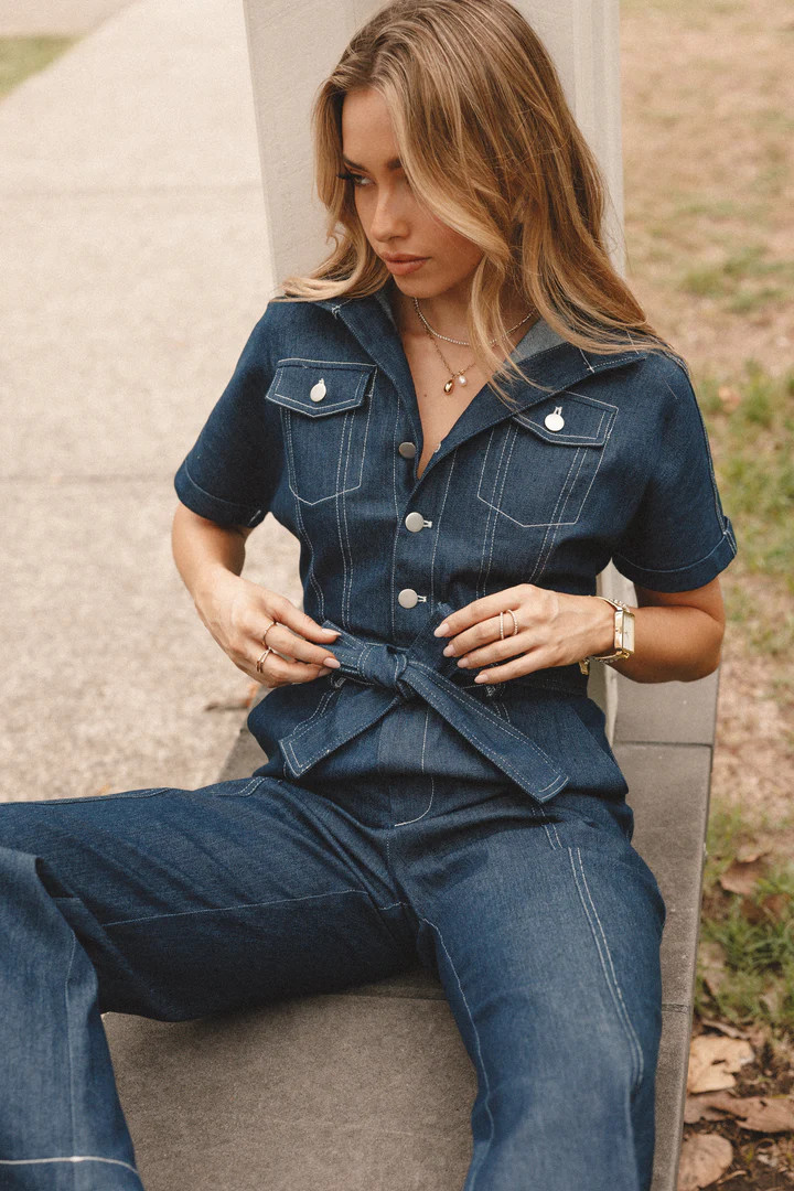 Demi Contrast Stitch Jumpsuit - Dark Denim | Petal & Pup (US)