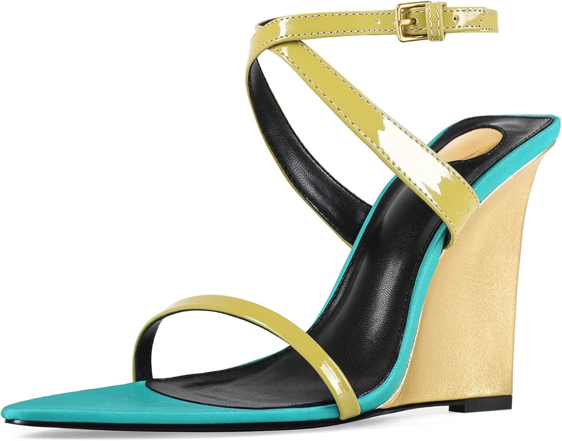 Wedge Sandals for Women Strappy Wedge Heels Pointed Open Toe Heeled Sandals Buckle Ankle Strap He... | Amazon (US)