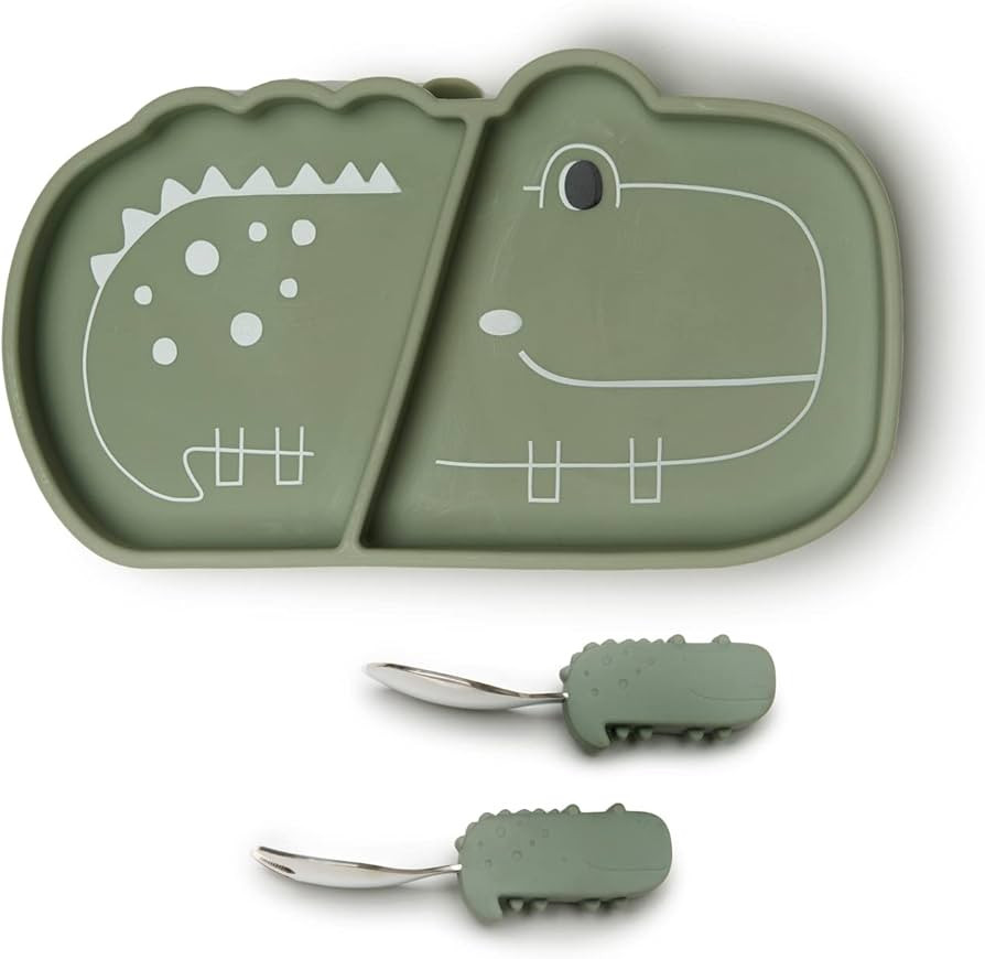 Loulou Lollipop Toddler Silicone Suction Snack Plate, Learning Fork and Spoon Set (Alligator) | Amazon (US)