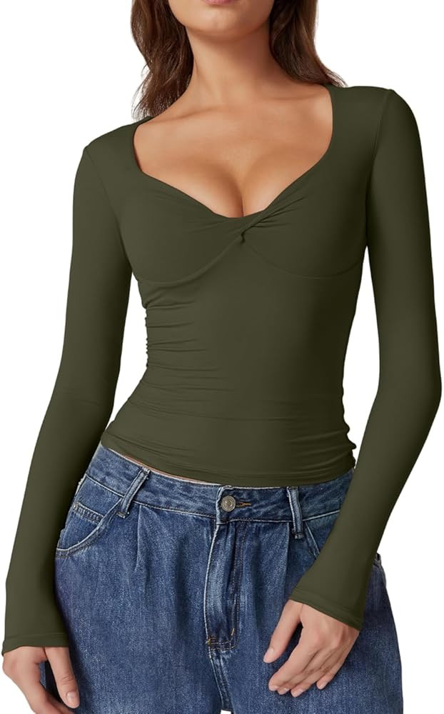 QINSEN Womens Long Sleeve Twist Front V Neck T Shirts Double Lined Slim Fit Trendy Top Tee | Amazon (US)
