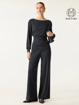 2Pcs Set Boatneck Built-In Bra & Drapey Wide Leg Pull-on Pants with Pockets | OGLmove