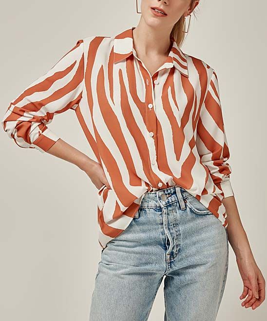 Bloggers Boutique Women's Button Down Shirts ORANGE-STRIPED - Orange Zebra Button-Up - Women | Zulily