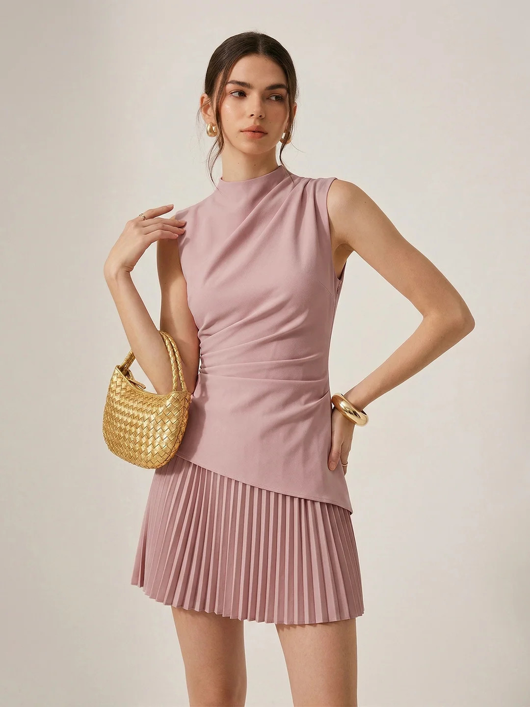 Sleeveless Asymmetrical Pleated Mini Dress | Commense