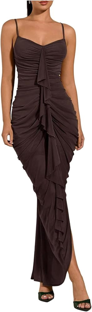 Floerns Women's Ruffle Ruched Cami Dress Draped Split Elegant Bodycon Maxi Dresses | Amazon (US)