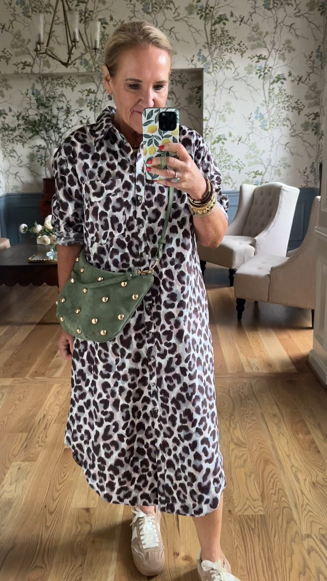 The soren dress by Anthropologie size small petite yes size down 
Love this faux suede studded green bag 

#LTKPetite #LTKautumn #LTKOver40