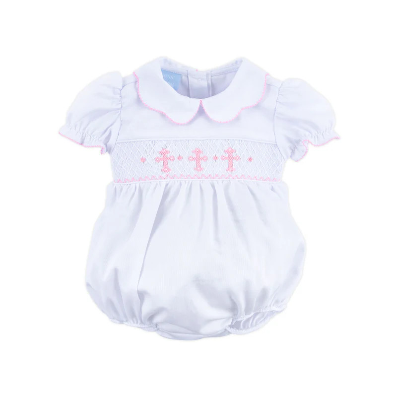 Pink Cross Smocked White Pique Collared Bubble | Classic Whimsy
