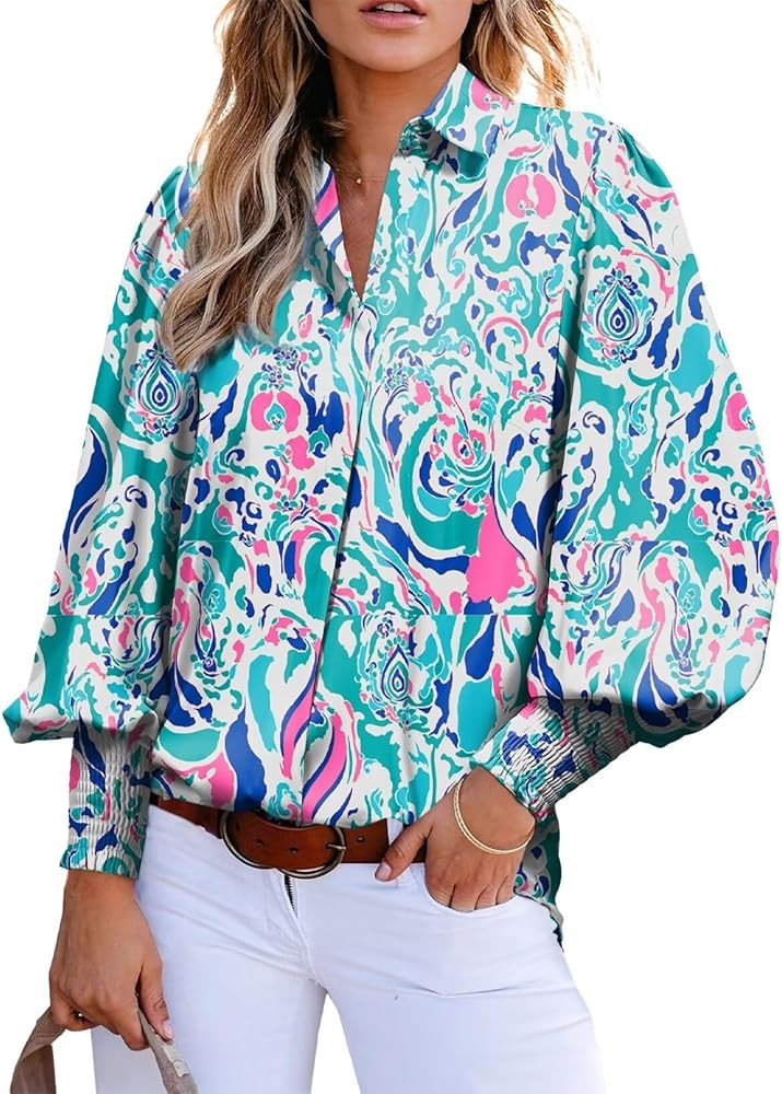 Astylish Women 2026 Loose V-Neck Shirts Paisley Print Lantern Sleeve Blouse Boho Tops | Amazon (US)