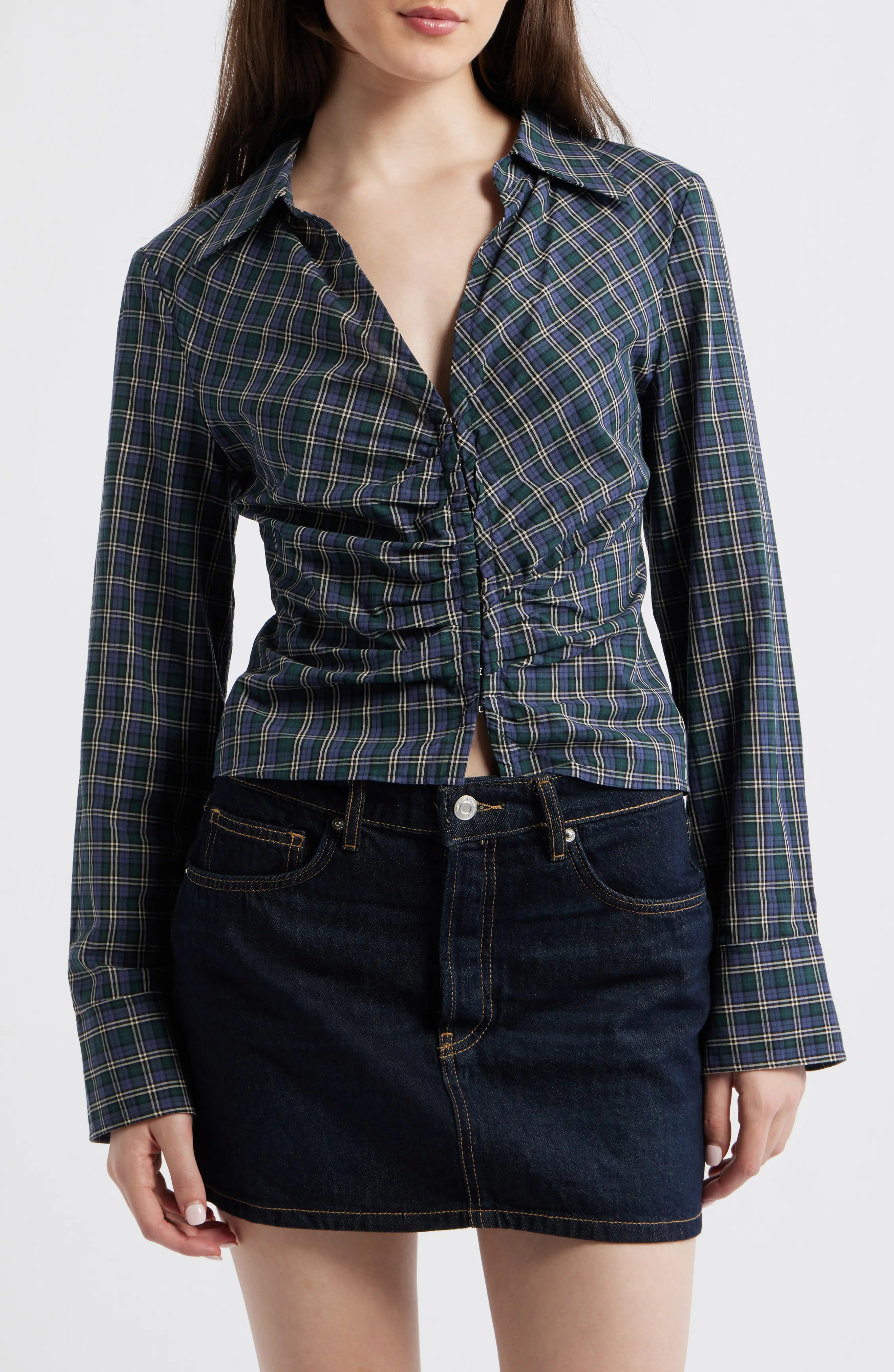 MANGO Blusa Galeeno Plaid Ruched Top in Blue at Nordstrom, Size 6 | Nordstrom