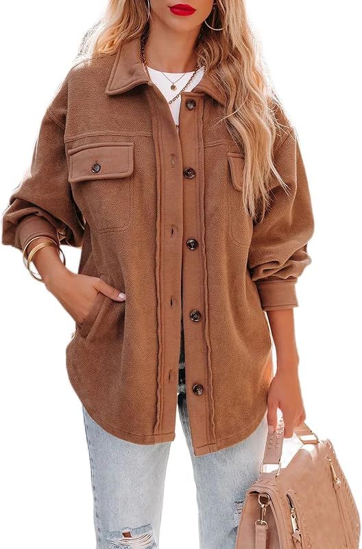 Women Fleece Jakcets Pocketed Oversized Long Sleeve Button Down Shirts Coats Shacket | Amazon (US)