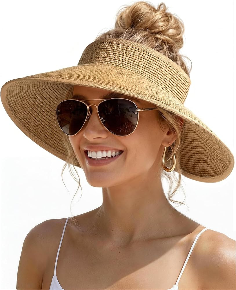 Womens Sun Visor Hats Wide Brim Straw Beach Hat UV Protection Ponytail Packable Beach Vacation Es... | Amazon (US)
