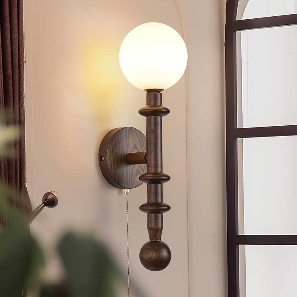 Wood Wall Sconce Industrial Globe Wall Sconce Modern Bedroom Vanity Wall Light fixtures with Whit... | Amazon (US)