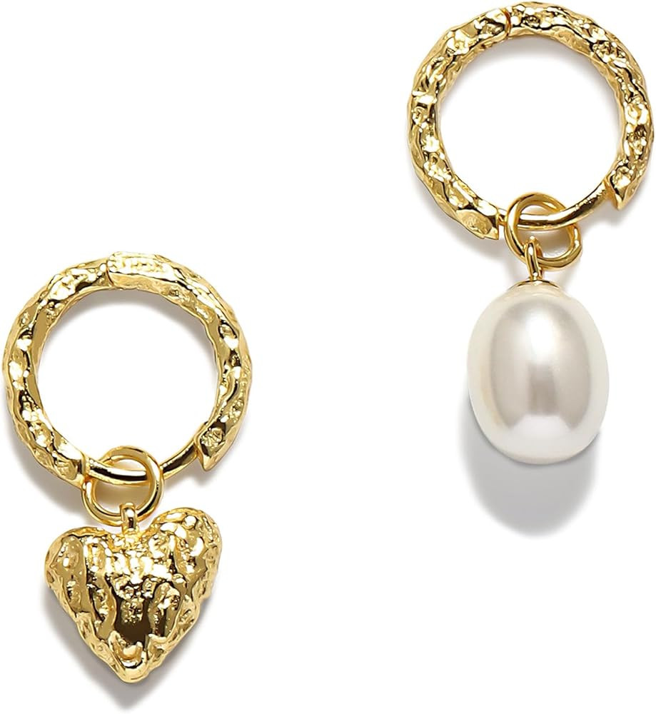 Pearl Hoop Earrings for Women | Unique Mismatched Gold and Silver Plated Pearl and Heart Dangle E... | Amazon (US)