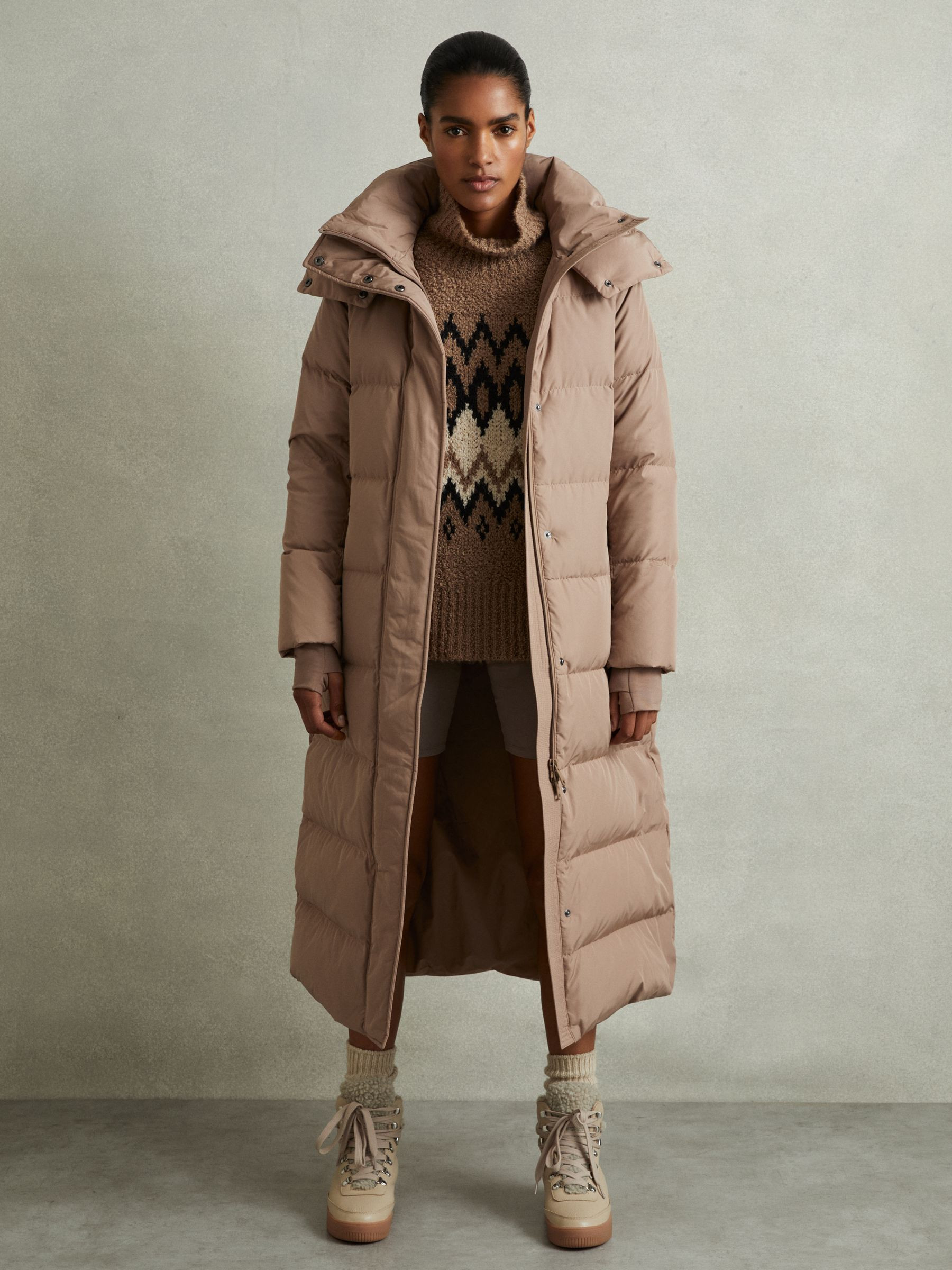 Reiss Longline Hooded Puffer Coat in Mink Neutral - REISS | Reiss UK