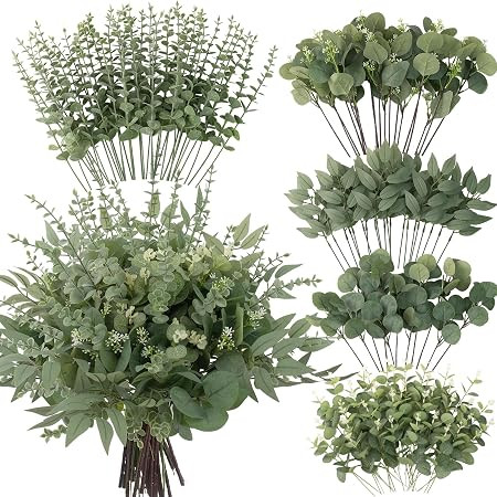 lovemoon 130 Pcs Artificial Mixed Eucalyptus Stems Bulk, 5 Kinds of Faux Greenery Eucalyptus Leav... | Amazon (US)