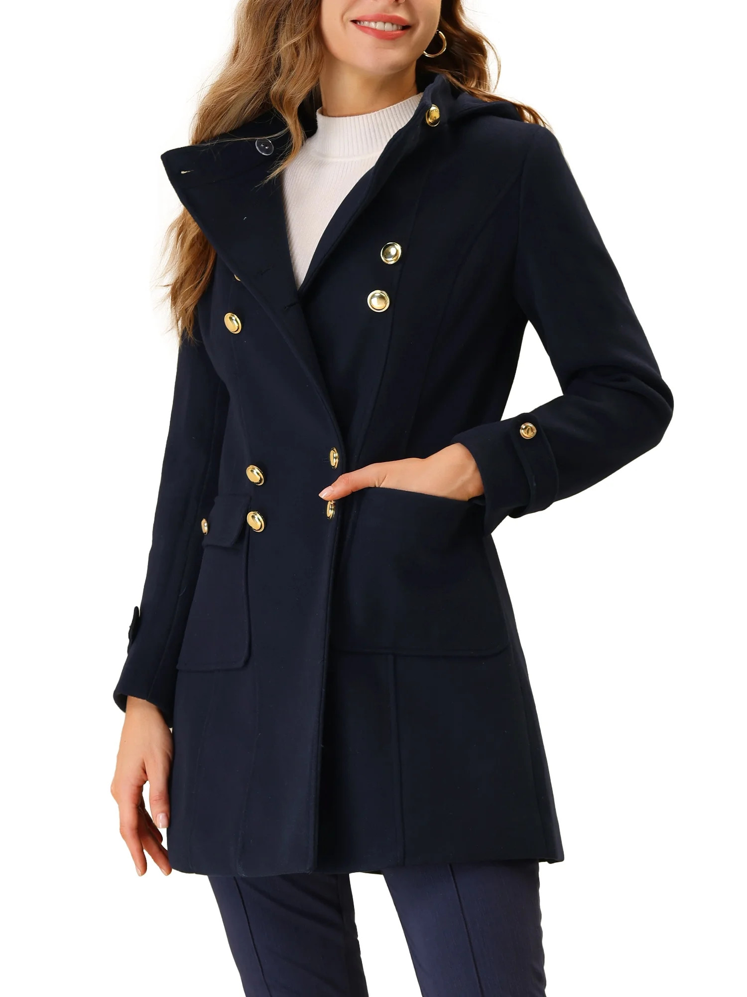 Unique Bargains Women's Stand Collar Hooded Double Breasted Winter Long Overcoat L Navy Blue | Walmart (US)