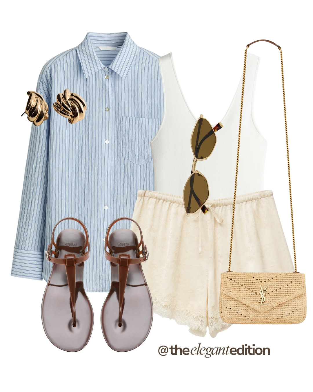 LACE SHORTS LOOK - Love the blue and cream combo for spring/summer. This striped oversized shirt styled with lace hem shorts and a YSL raffia bag is the perfect holiday outfit 

#shirt #laceshorts #sandals #LTKspring #LTKsummer #LTKstyletip 

 #LTKeurope #LTKsummer #LTKstyletip