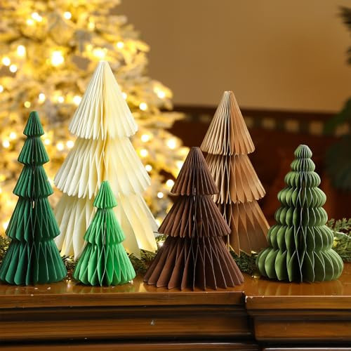 ReliThick 6 Pcs Paper Christmas Tree Decor 3D Honeycomb Trees Table Centerpiece for Modern Christmas Mantel Decorations Home Xmas Holiday Party Decorations (Multicolor) | Amazon (US)