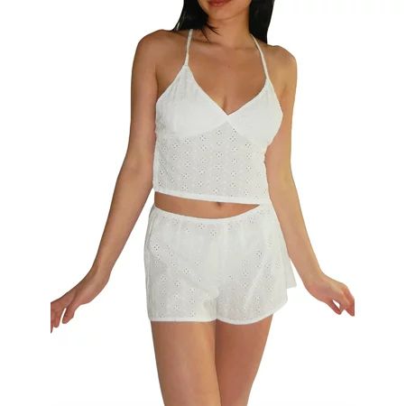 Womenacute;s Summer 2PCS Outfit Sets Sleeveless V Neck Lace Floral Camisole + White Casual Shorts（S  | Walmart (US)