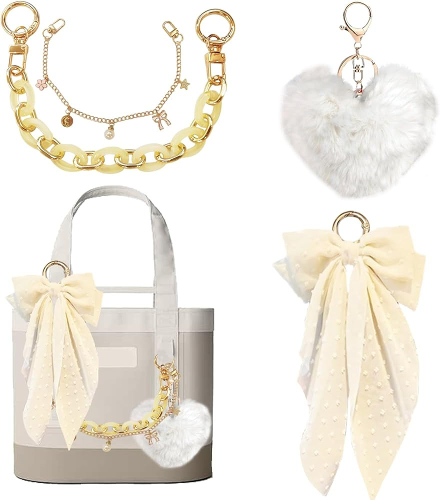 Bag Charms for Tote Bags, Satin Bow Keychain Kit Accessories for Yeti Camino, Fluffy Ball Gold Ch... | Amazon (US)