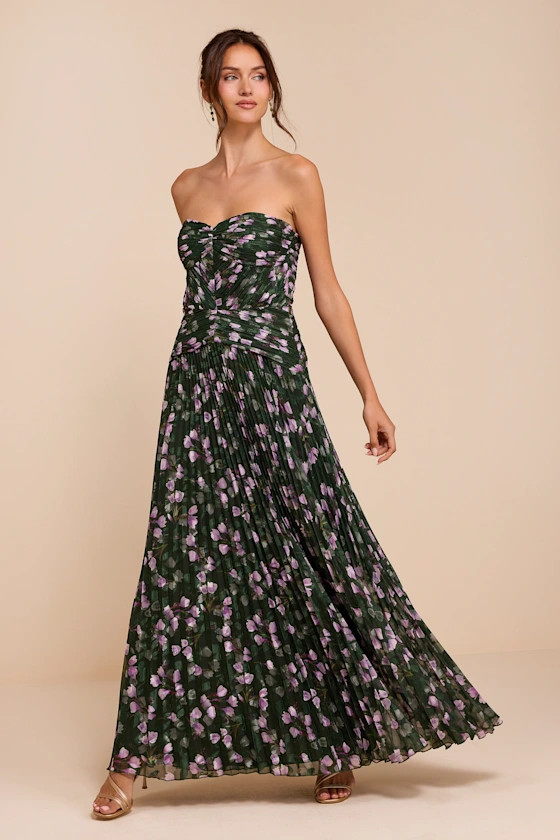 Marlene Dark Green Floral Pleated Drop Waist Maxi Dress | Lulus