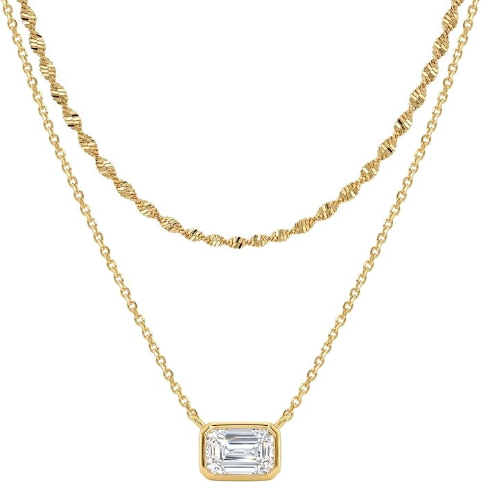 TONTMY STUDIOS Layered Gold Necklace for Women 14K Gold Plated Small Dainty CZ Pendant Layering G... | Amazon (US)