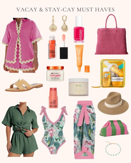 Summer vacay and stay-cay must haves. Summer vacation. Summer outfit. Swimsuit. Sandals. Summer favorites. Women’s one piece swimsuit with matching coverup. Women’s 2-piece cotton linen button down shirt and shorts set. Wide brim straw Panama roll up hat. Gold and turquoise bead bracelet. OUAI hydrating whipped body cream. Elf monochromatic multi stick. Essie nail polish. Pink and green striped summer beach clutch purse. Elf squeeze me lip balm. Elf glow reviver lip oil. Sol De Janeiro jet set travel set. Tree hut coco colada sugar scrub. Gold shell huggie hoop earrings. Pink crochet tote bag. Steve Madden mule sandals. Pink 2 piece matching summer beach outfit set. Button front shirt and shorts matching set. Resort wear  

#LTKStyleTip #LTKFindsUnder50 #LTKSummerSales