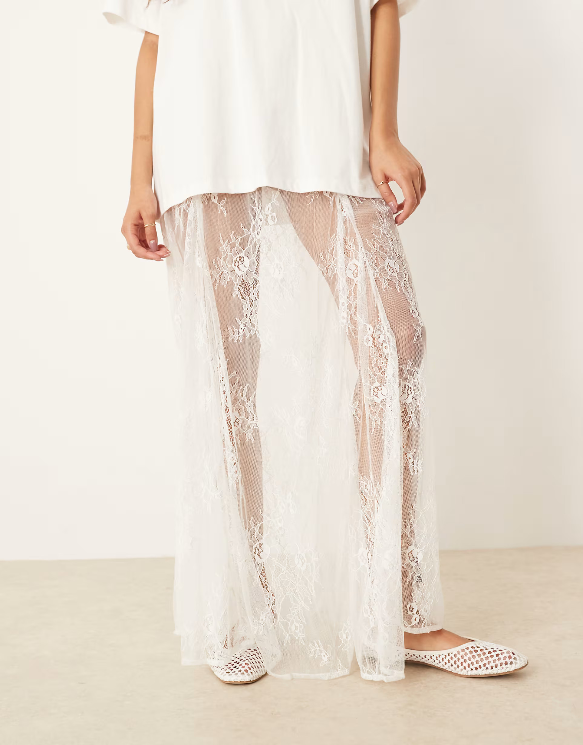 ASOS DESIGN godet lace maxi skirt in ivory | ASOS (Global)
