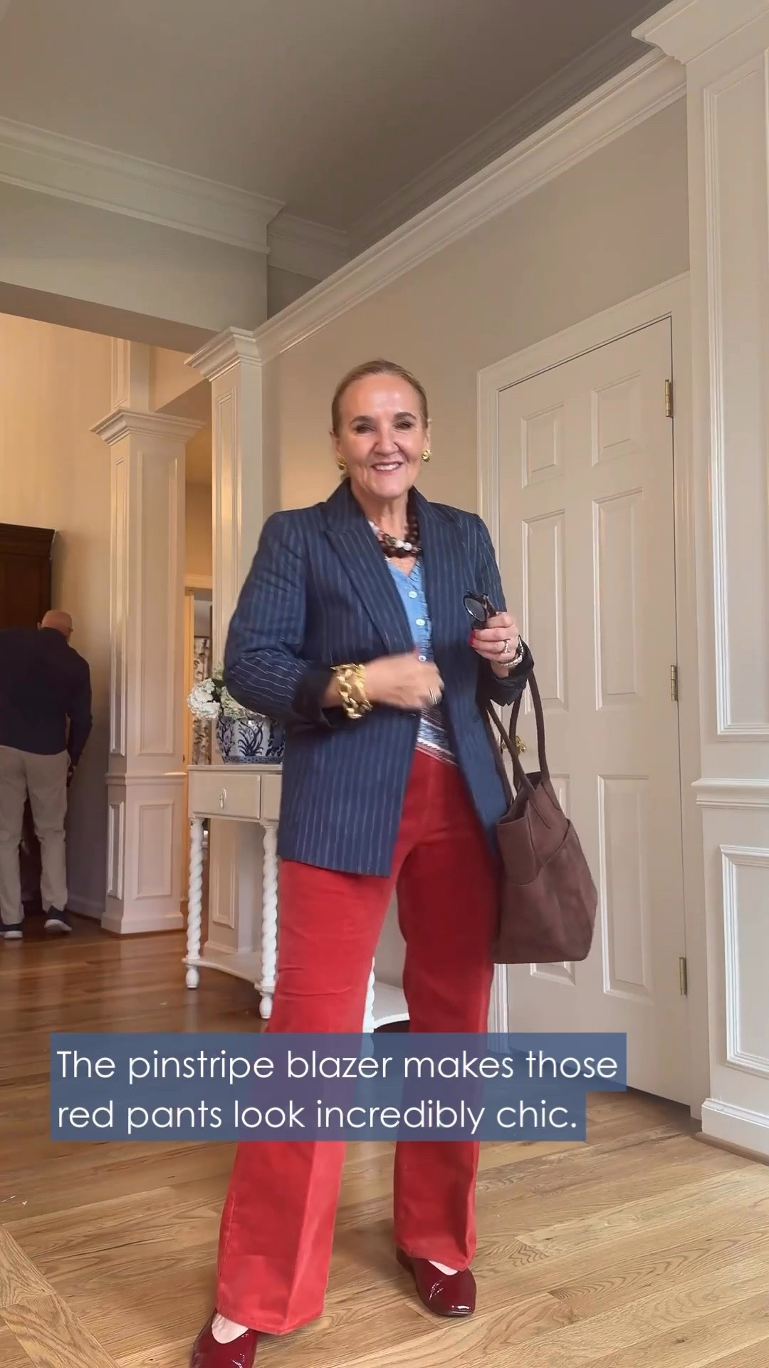 I have to say, the pinstripe blazer with those red corduroy pants is a fun combination. I’m wearing a 10 petite in the blazer, small in the blouse, and medium petite in the pants.