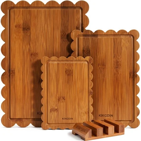 Kikcoin 4-Piece Bamboo Cutting Board Set with Storage Stand, Deep-Carbonized Wood Chopping Boards for Kitchen, Reversible Charcuterie Serving Tray | Walmart (US)