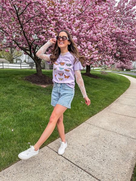 Long sleeve sheer lace top from Amazon layered under a butterfly graphic tee 

Abercrombie curve love denim dad shorts // jean shorts // white sneakers // spring to summer outfit 

#LTKSeasonal #LTKfindsunder50 #LTKstyletip