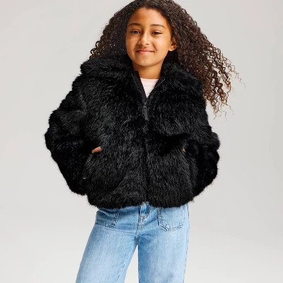 Girls' Faux Fur Short Coat - Cat & Jack™ Black XL | Target