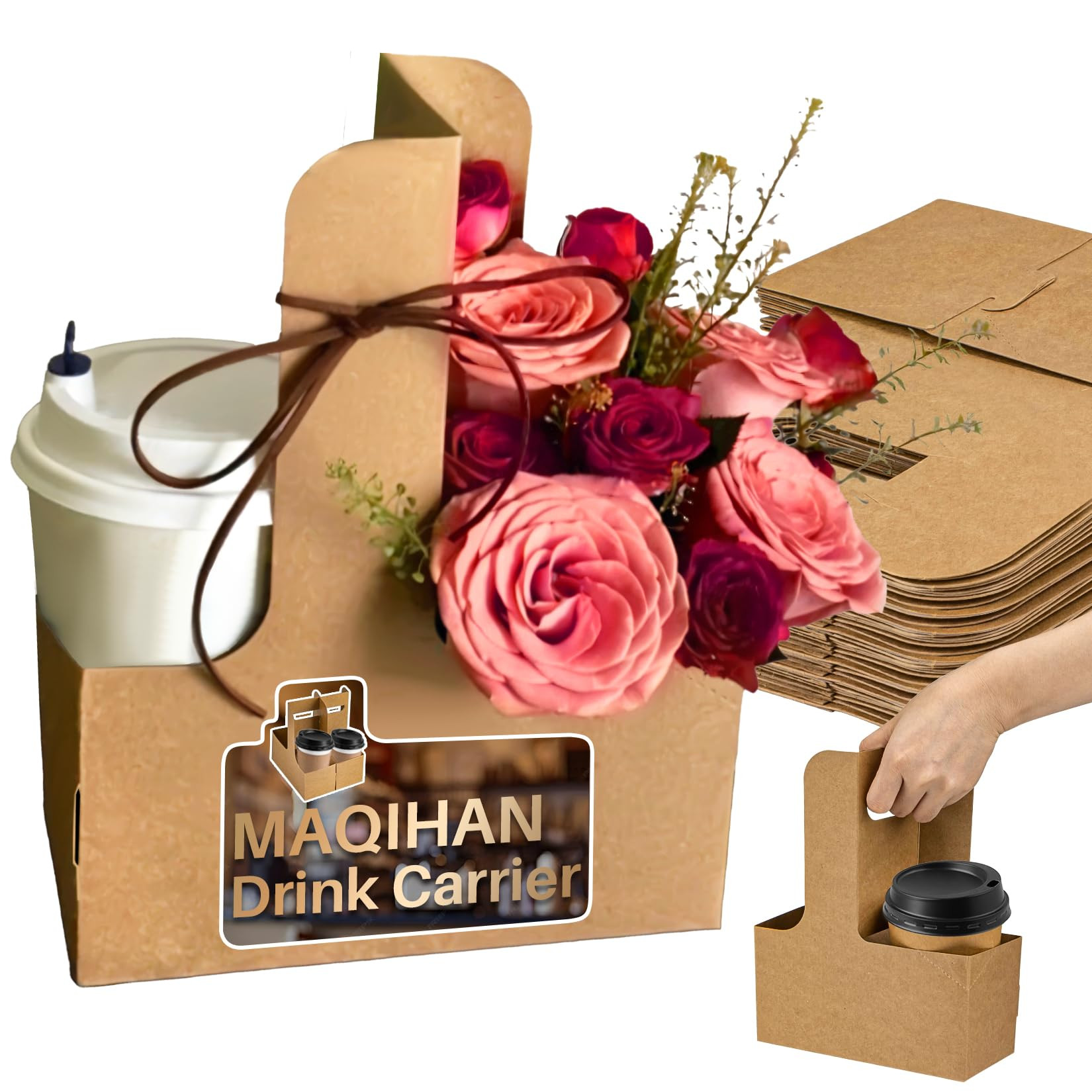 2 Cup Drink Carrier with Handle - 12Pcs Disposable Paper Cardboard Coffee Cup Holder Portable Dri... | Amazon (US)