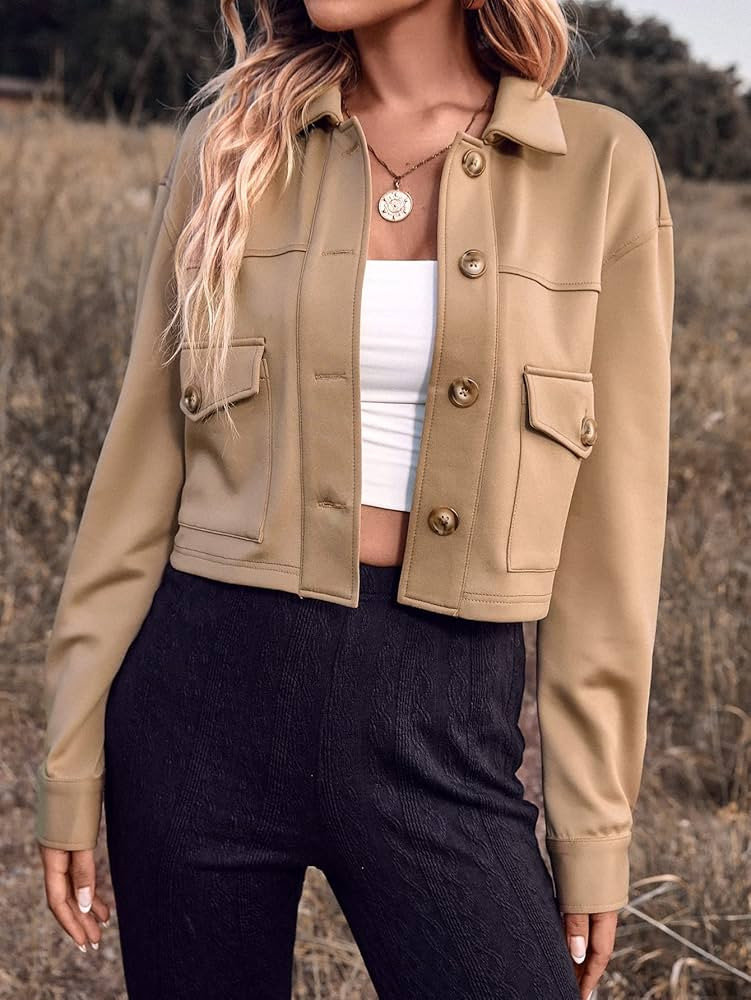 Jackets for Women Drop Shoulder Flap Pocket Jacket Women's Jackets (Color : Khaki, Size : Medium) | Amazon (US)