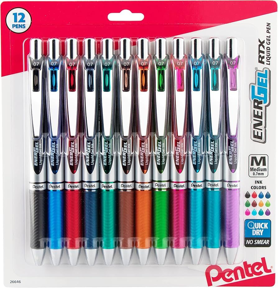 Pentel® EnerGel™ RTX Retractable Liquid Gel Pens, Medium Point, 0.7 mm, Assorted Colors, Pack ... | Amazon (US)