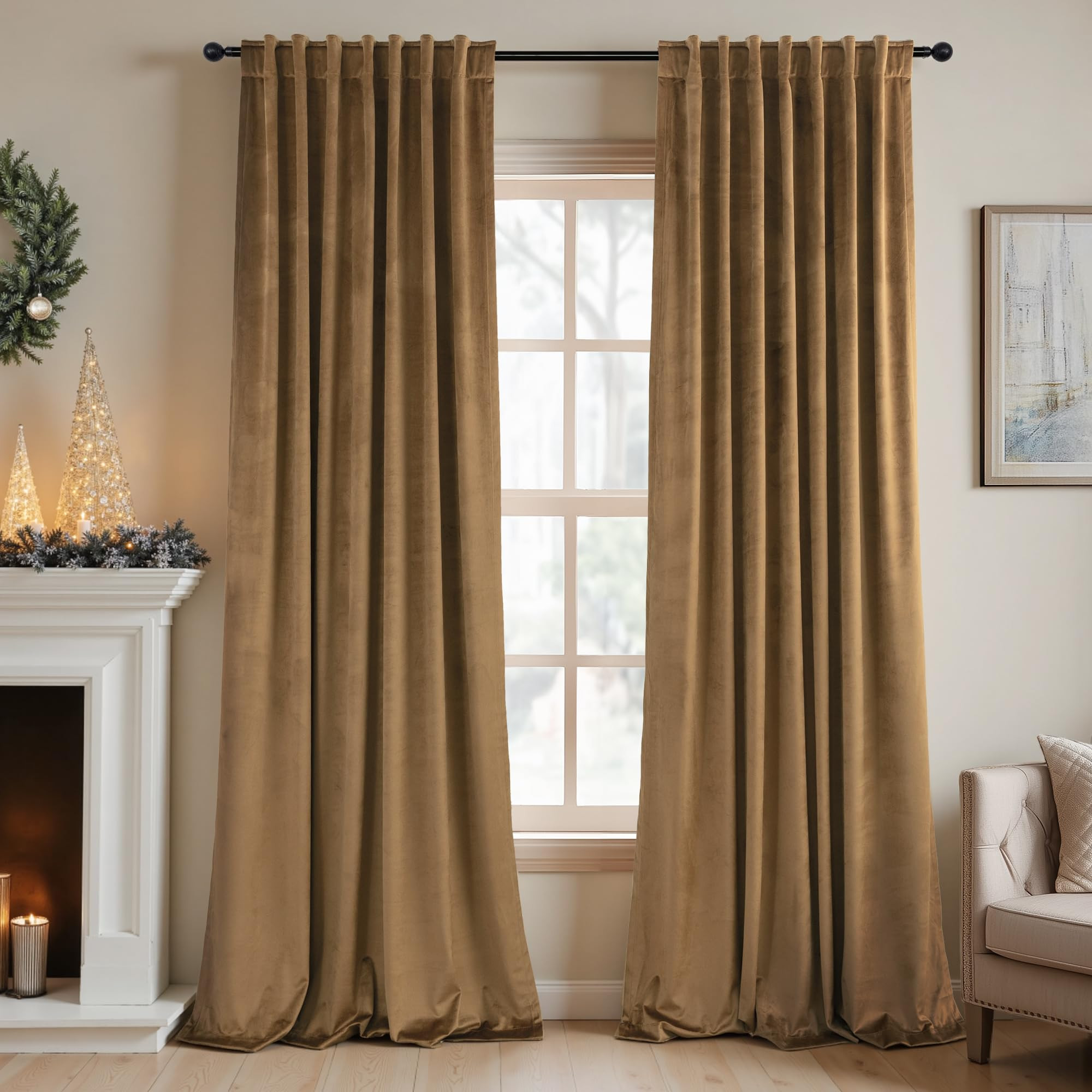 Velvet Curtains 84 Inch Length 2 Panels Set Gold Brown Light Blocking Thermal Insulated Room Dark... | Amazon (US)