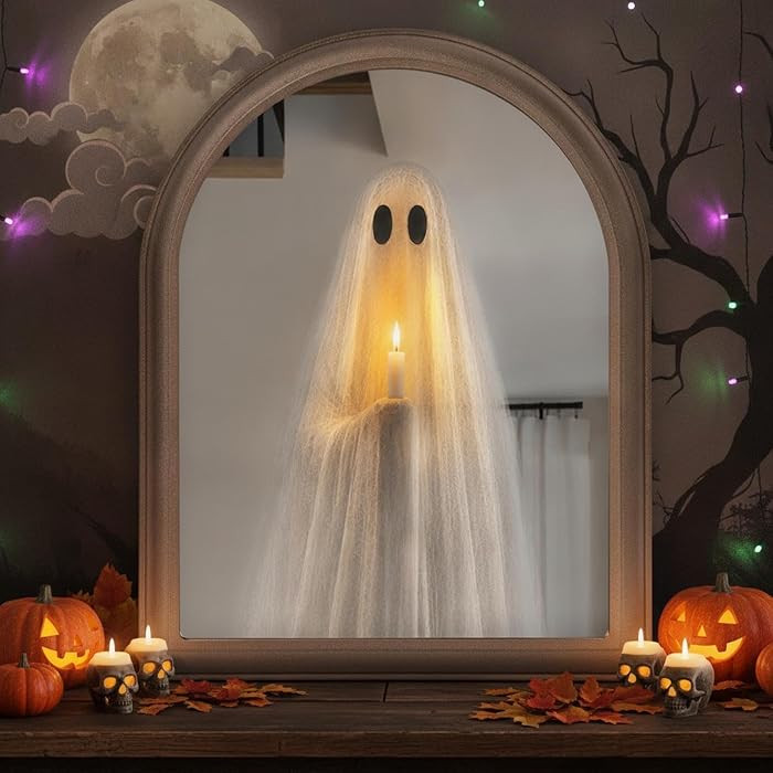 Halloween Decor, 11"x13.8" Light Up Ghost Mirror, Novelty Ghost Holding Candle On Mirror, Spooky ... | Amazon (US)