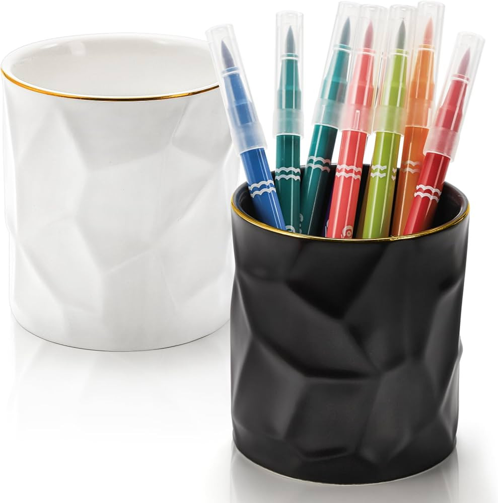Goaste 2 Pack Ceramic Pen Holder, Irregular Geometric Pencil Cup, Vanity Cosmetic Makeup Brush Or... | Amazon (US)